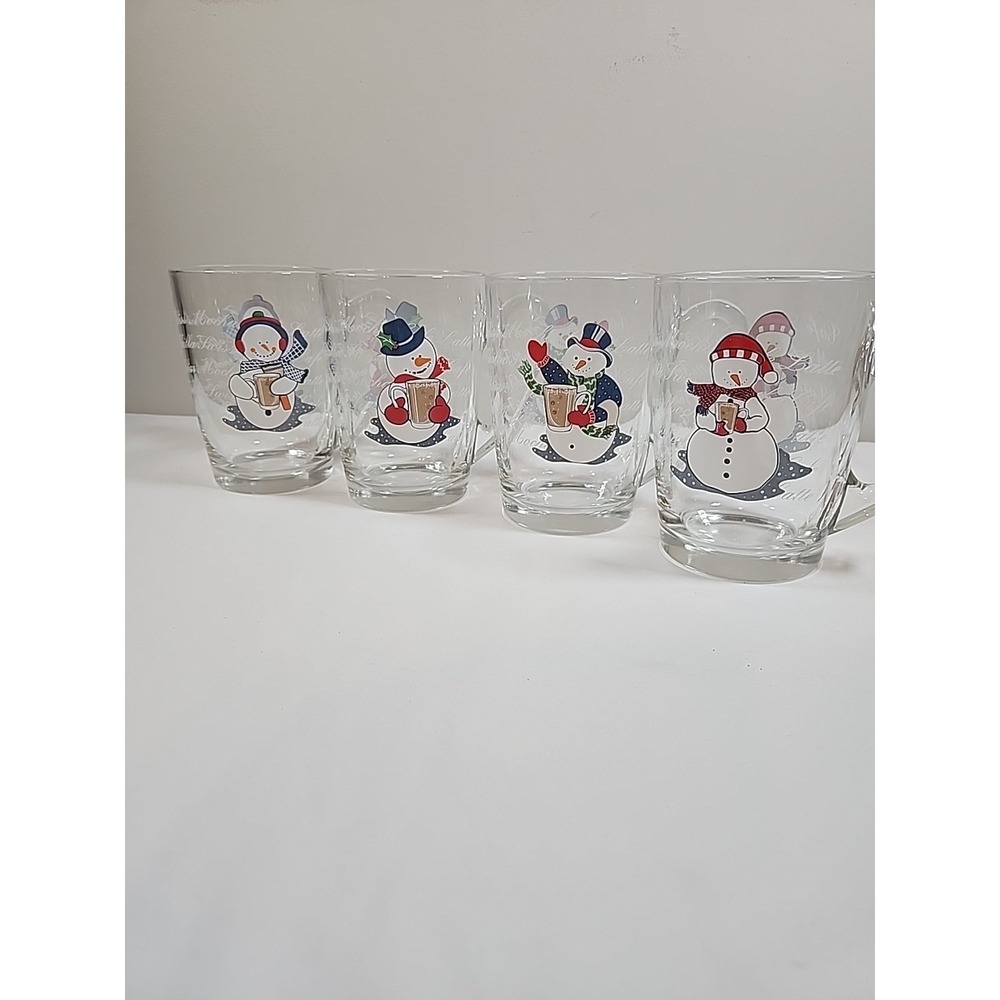 Vintage ARC France Snowmen  4 20oz Glass Snowmen Mugs French Vanilla Swiss Mocha